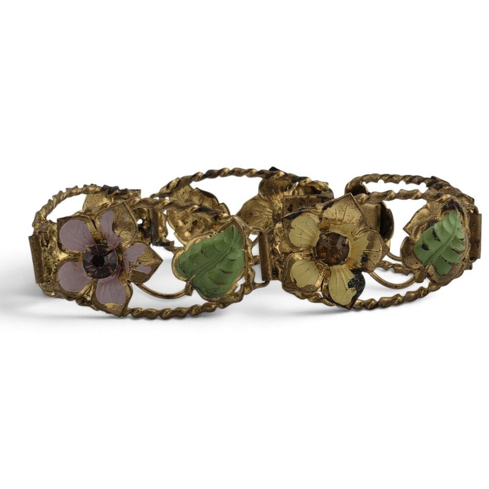 Antique Art Deco Czech Enamel Flower Bracelet Czechoslovakia Rhinestone